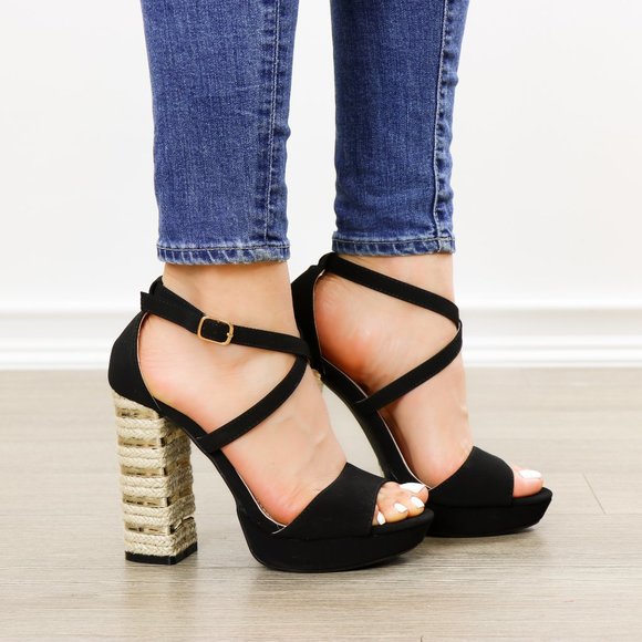 Espadrille Heel Black Open Toe Platform Sandals - Picture 4 of 8